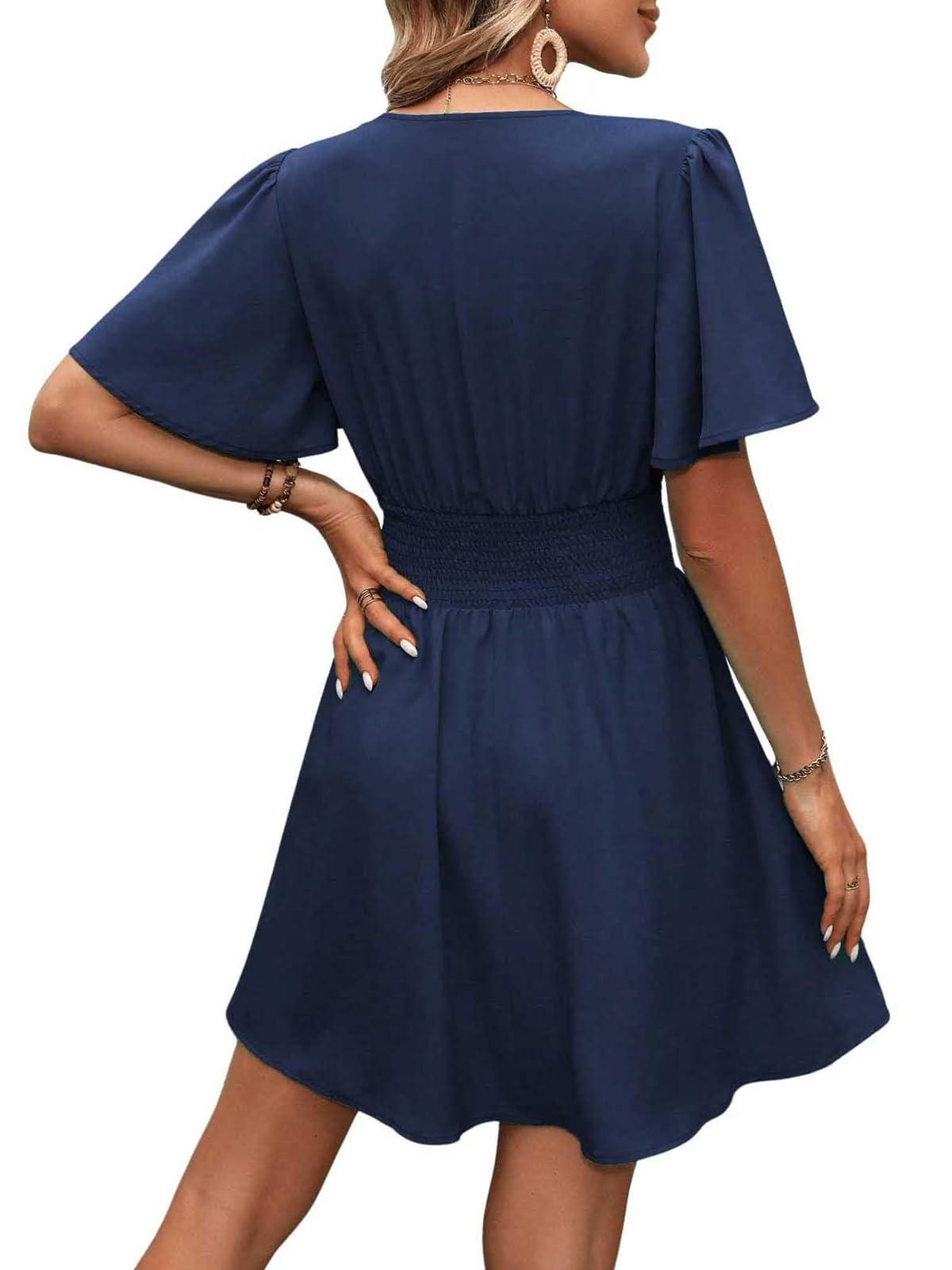 LIAMERHE Damen Elegant Kleid Langarm/Kurze Ärmel V-Ausschnitt Casual Kleider A-Linie Blumenmuster Minikleid Freizeitkleider Sommer Herbst Winter Laternenärmeln Kleid Partykleid