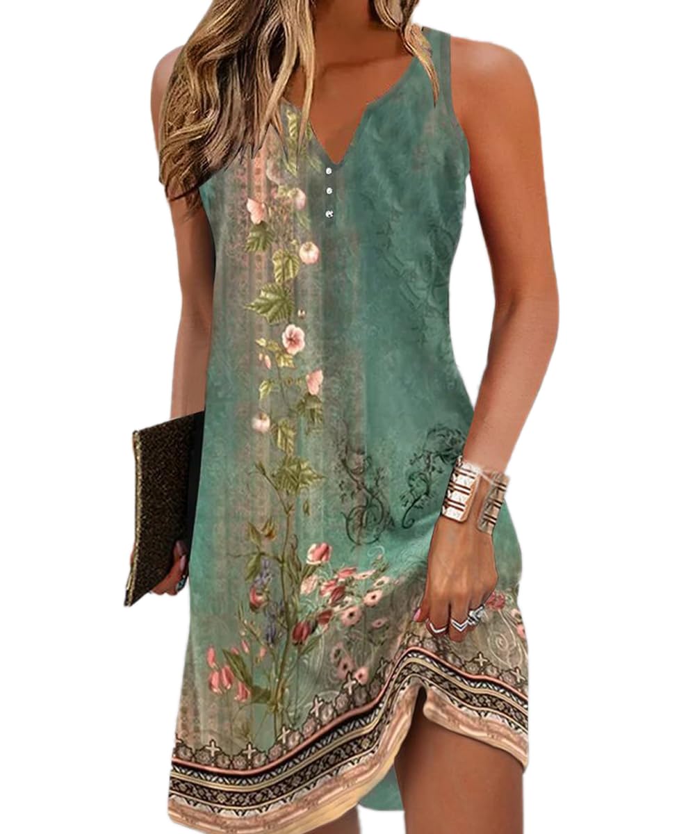 Yeenily Damen Bohemian Langarm Kleid V-Ausschnitt Blumenmuster Tunikakleider A Linien Lose Lässiges MiniKleid Freizeitkleid