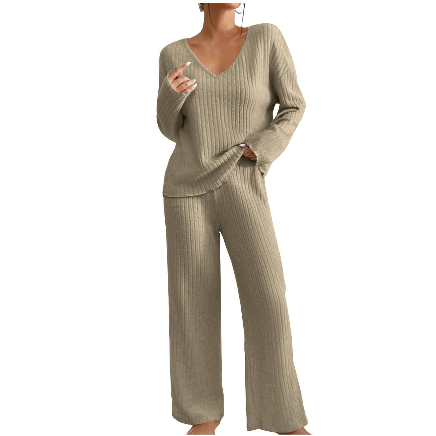 Hausanzug Damen Elegant Gestrickte Loungewear Einfarbig Strickanzug Langarm Schlafanzüge Zweiteiler V-Ausschnitt Homewear Locker Freizeitanzug Outfit Weites Bein Hose mit Taschen Lounge Set