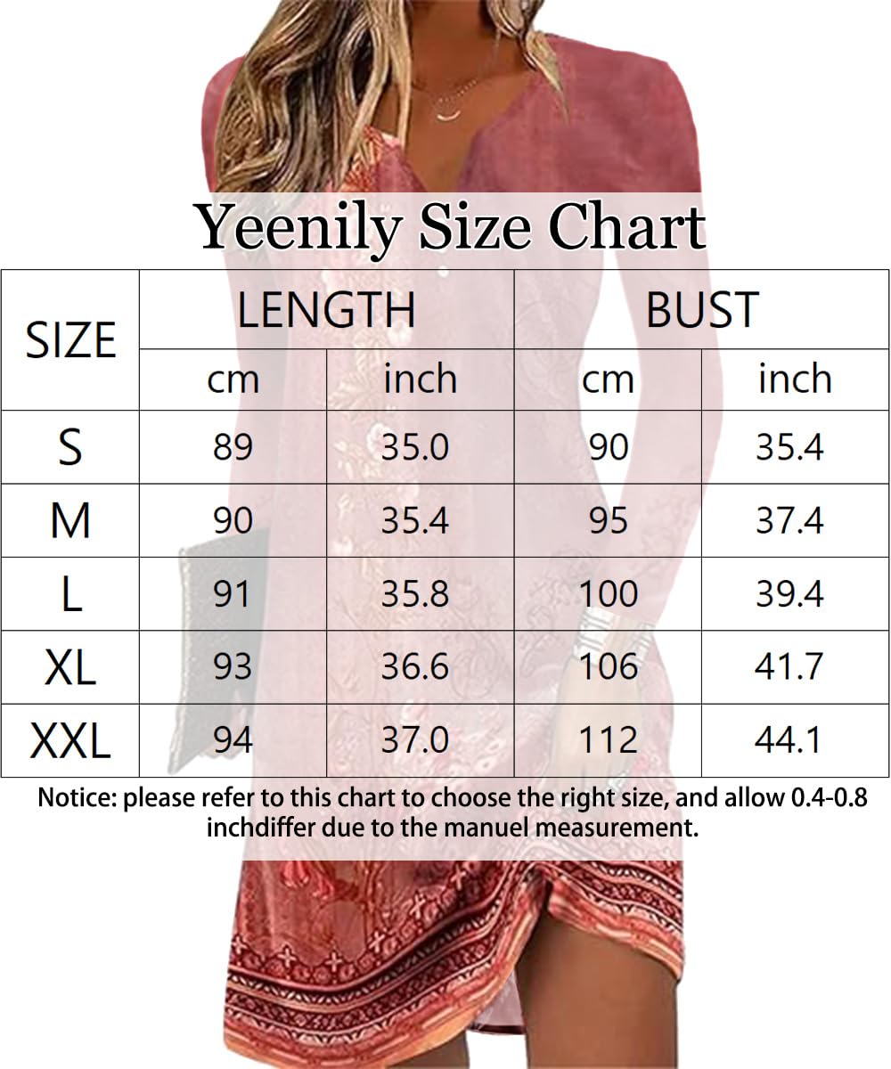 Yeenily Damen Bohemian Langarm Kleid V-Ausschnitt Blumenmuster Tunikakleider A Linien Lose Lässiges MiniKleid Freizeitkleid