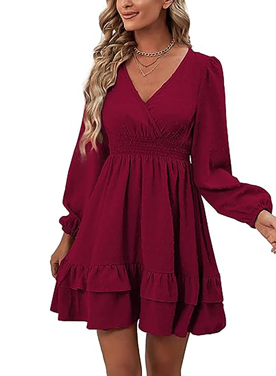 Vangreynve Damen Minikleid V-Ausschnitt A-Linie Kleider Elegant Hohe Taille Langarm Freizeitkleid