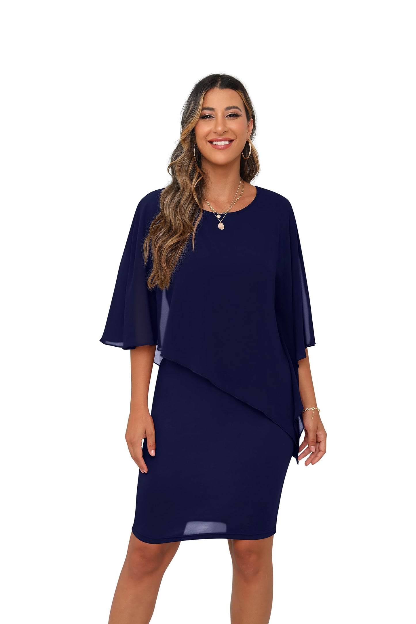 QIXING Damen Chiffon Cape Cocktialkleid Rundhals Ausschnitt Bleistiftkleid Sommerkleid Damen Knielang Elegant Abendkleid Mit Overlay Casual Bodycon Kleider