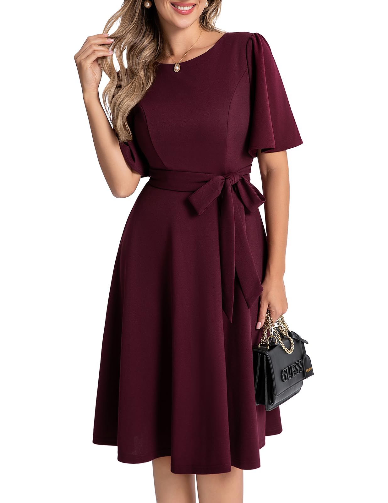 Bbonlinedress Cocktailkleid Damen Kurzarm midilang festlichs Kleid mit Gürtel Abendkleider elegant für Hochzeit Partykleider
