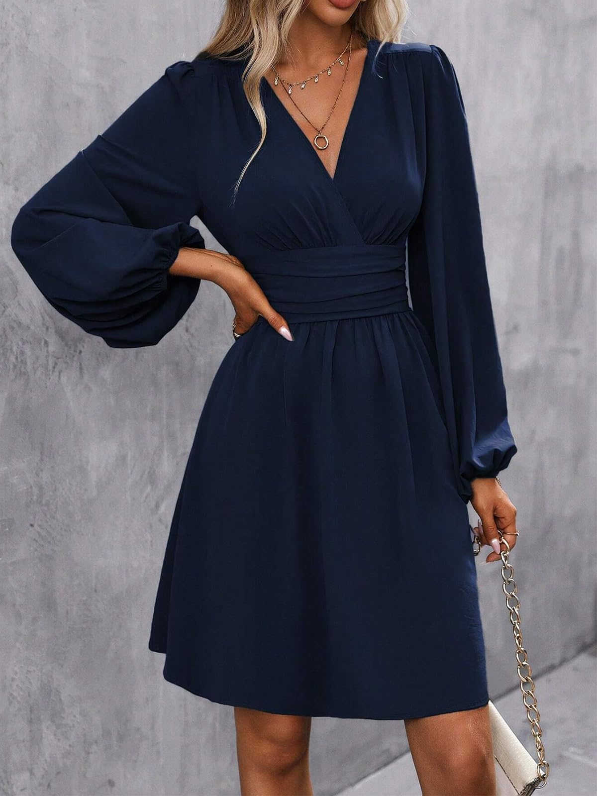 LIAMERHE Damen Elegant Kleid Langarm/Kurze Ärmel V-Ausschnitt Casual Kleider A-Linie Blumenmuster Minikleid Freizeitkleider Sommer Herbst Winter Laternenärmeln Kleid Partykleid