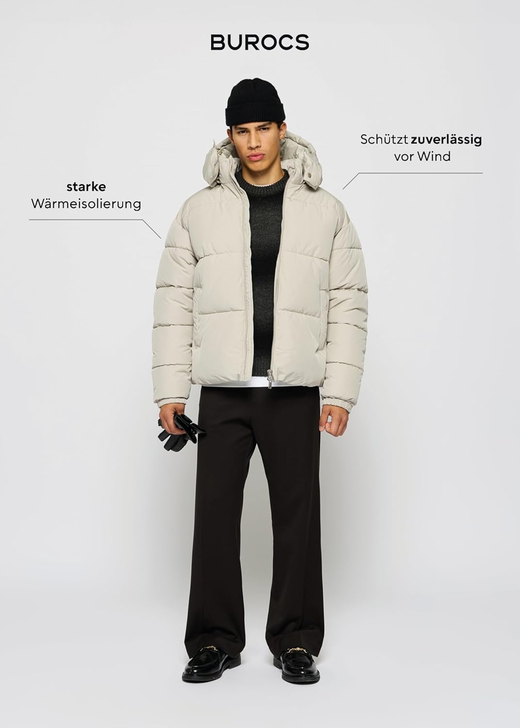 Burocs Hooded Puffer Jacket - Black Glossy - Oversized Herrenjacke - abnehmbare Kapuze - Reißverschluss - Innentasche