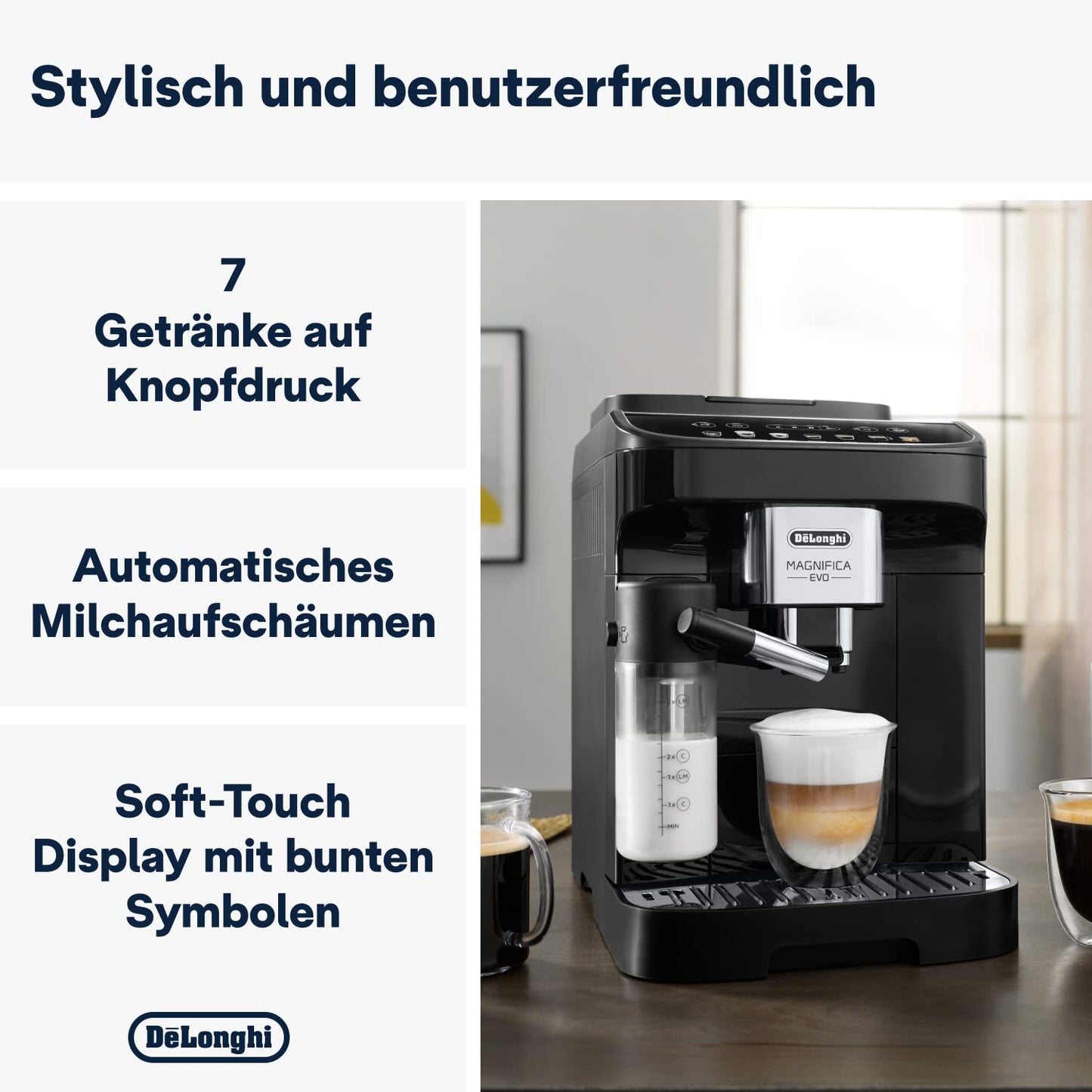 De'Longhi Magnifica Evo Next ECAM312.80.TB – Kaffeevollautomat mit 2,4'' TFT Farbdisplay & LatteCrema Milchsystem, 7 Direktwahltasten (Cappuccino, Espresso, Latte Macchiato), 2-Tassen-Funktion, Titan