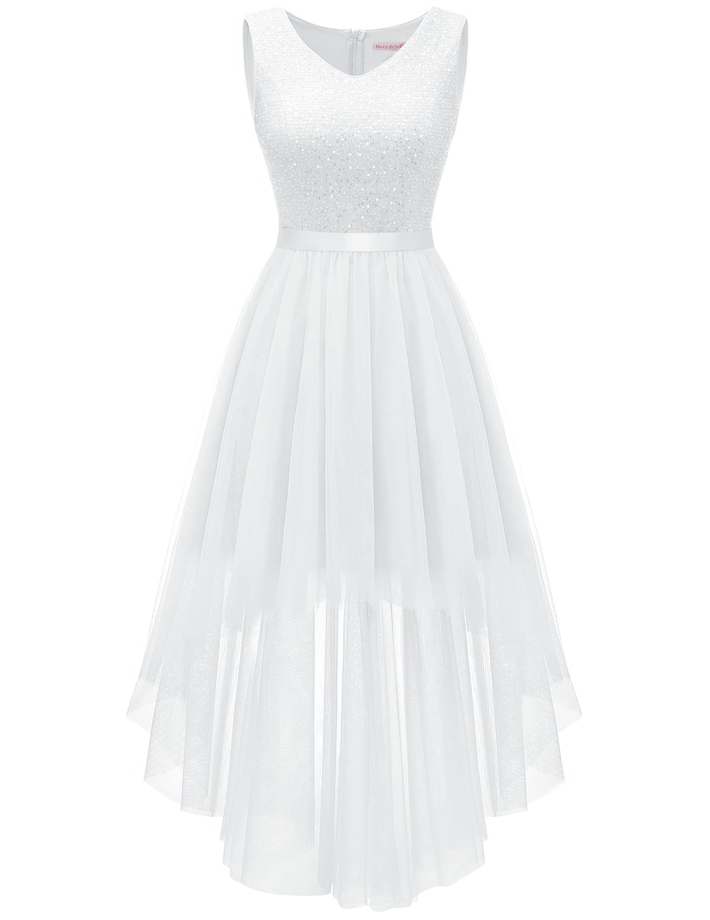Berylove Kleid Festlich Damen Abendkleid mit Pailletten Cocktailkleid Ballkleid Lang Glitzer V Ausschnitt Ärmellos Tüllkleid