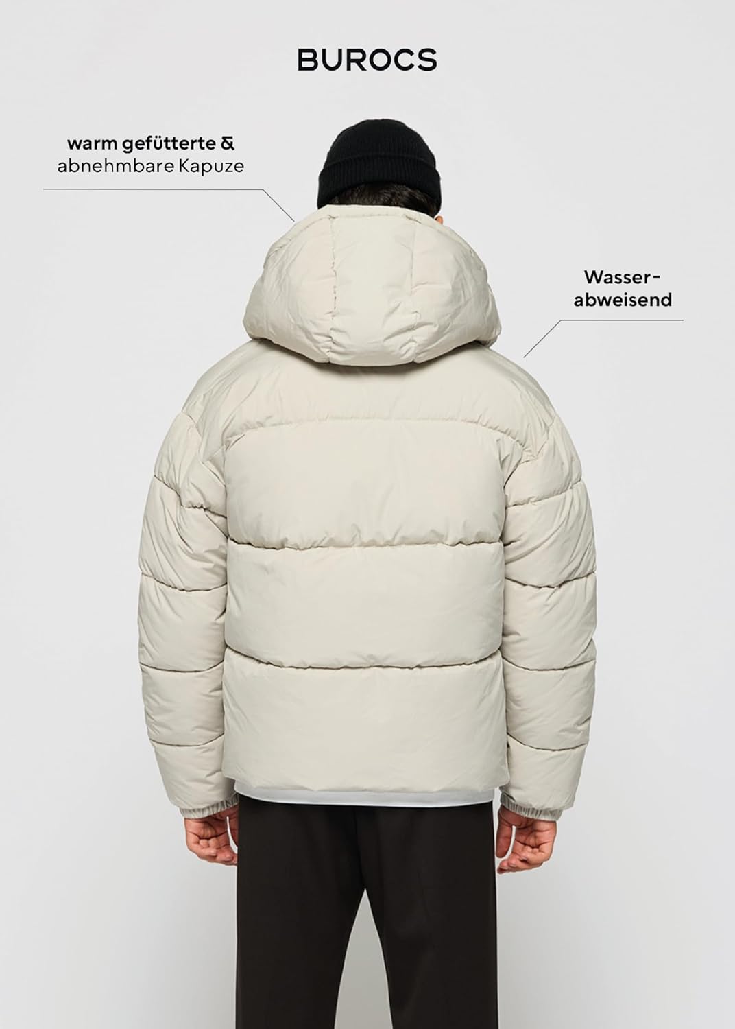 Burocs Hooded Puffer Jacket - Black Glossy - Oversized Herrenjacke - abnehmbare Kapuze - Reißverschluss - Innentasche