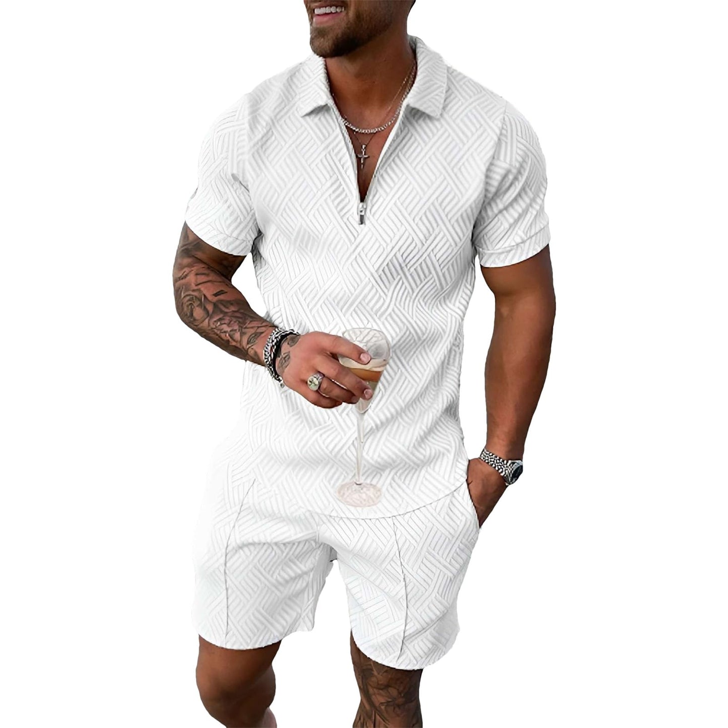 Herren Sportanzug Sommer Trainingsanzug Kurzarm Reißverschluss Top und Shorts Kleidung Set