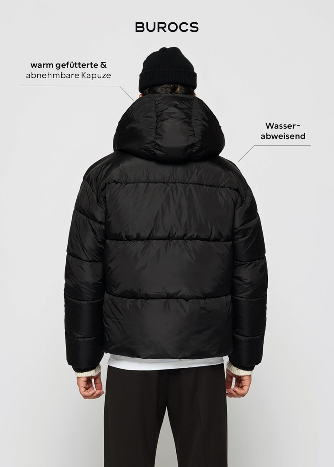 Burocs Hooded Puffer Jacket - Black Glossy - Oversized Herrenjacke - abnehmbare Kapuze - Reißverschluss - Innentasche