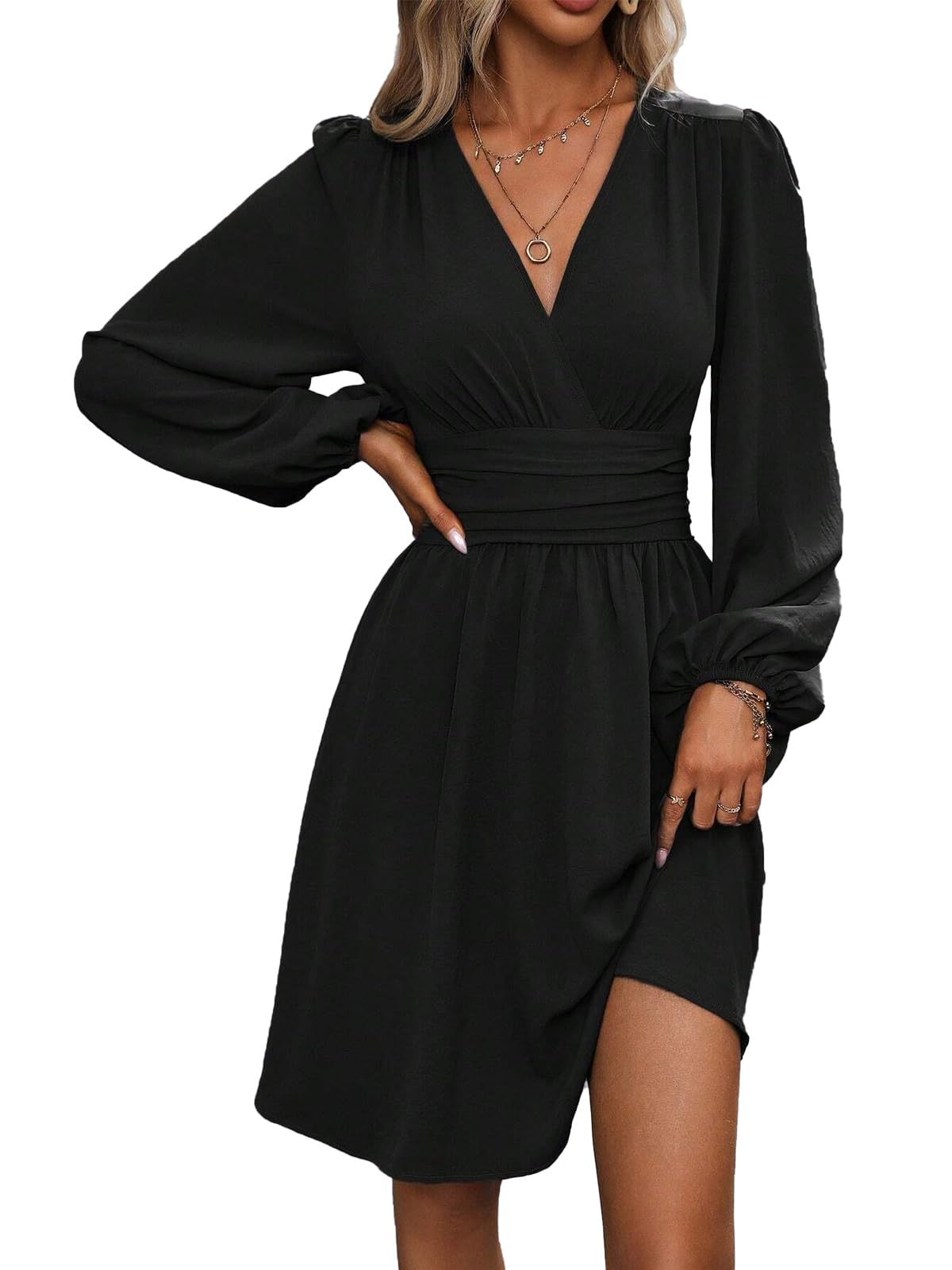 LIAMERHE Damen Elegant Kleid Langarm/Kurze Ärmel V-Ausschnitt Casual Kleider A-Linie Blumenmuster Minikleid Freizeitkleider Sommer Herbst Winter Laternenärmeln Kleid Partykleid