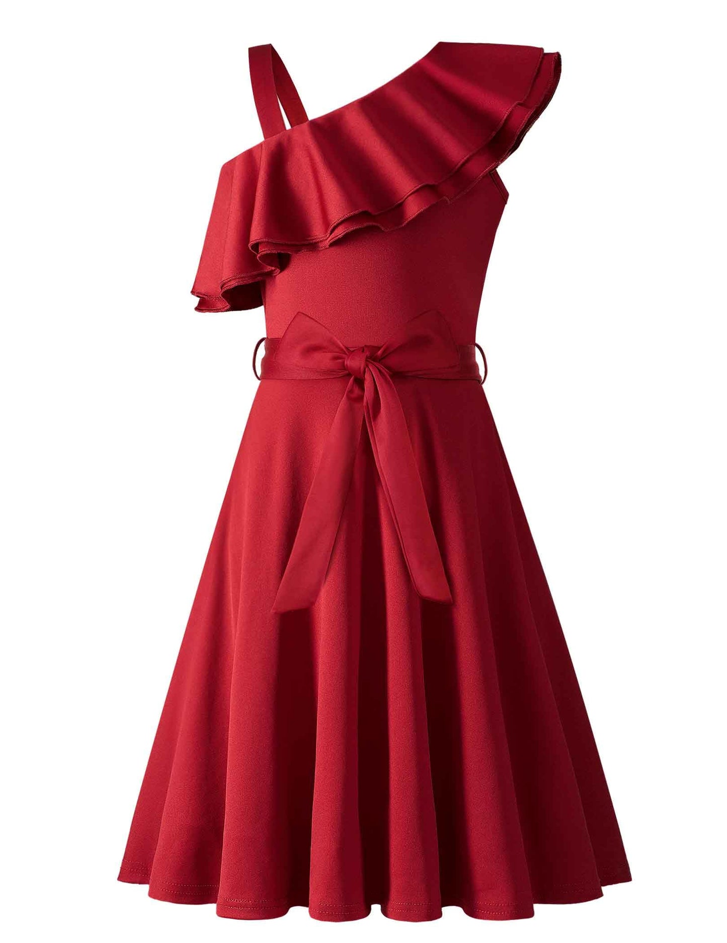 Arshiner Mädchen Kleider Eine-Schulter Kinderkleider Sommer Festliches Kleid Rüschenkragen Elegant Partykleider Swingkleid mit Gürtel ärmelloses Kleid für Mädchen 5-13 Jahre