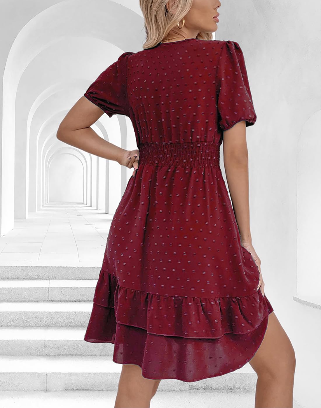 Vangreynve Damen Minikleid V-Ausschnitt A-Linie Kleider Elegant Hohe Taille Langarm Freizeitkleid
