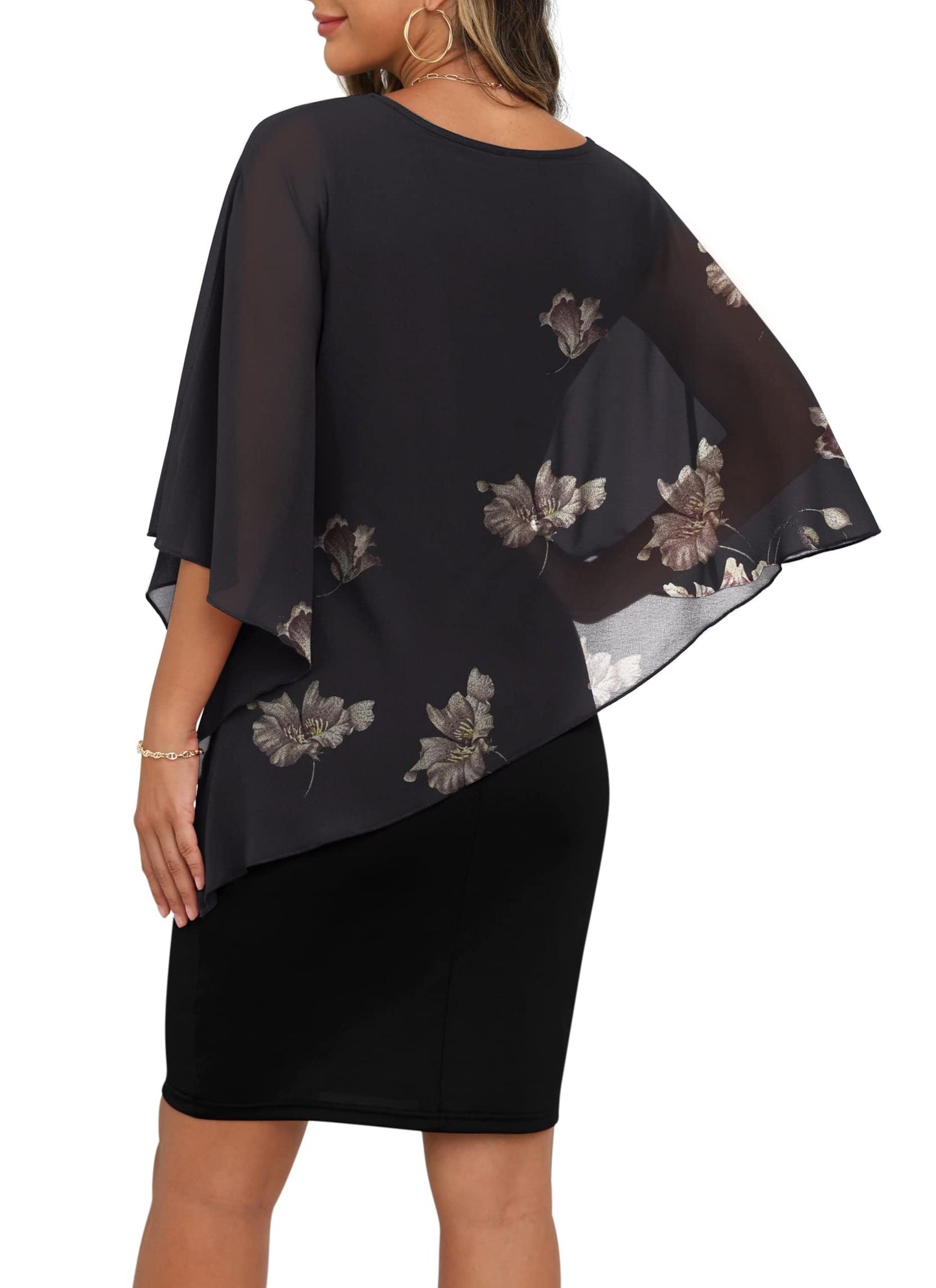 QIXING Damen Chiffon Cape Cocktialkleid Rundhals Ausschnitt Bleistiftkleid Sommerkleid Damen Knielang Elegant Abendkleid Mit Overlay Casual Bodycon Kleider