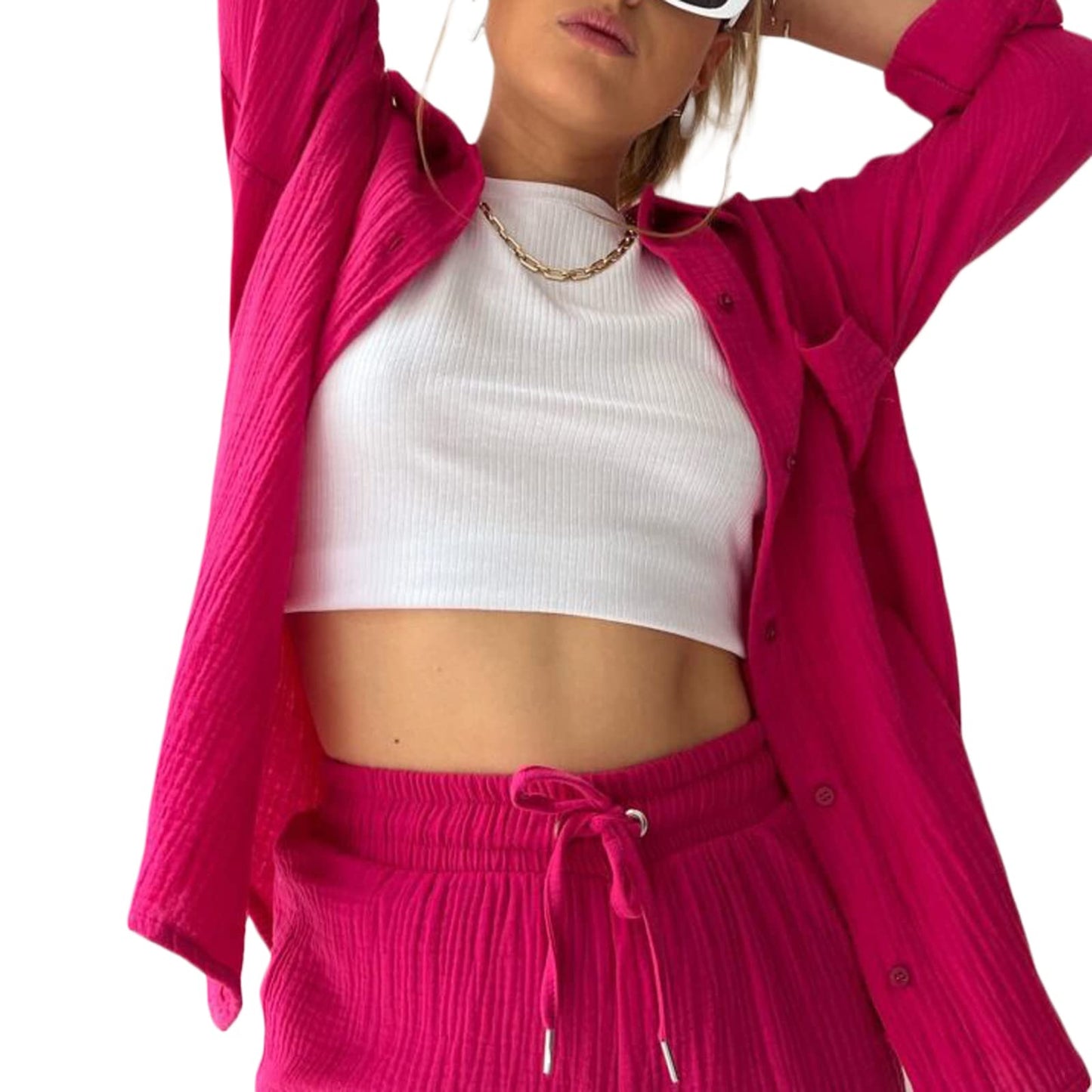 Geagodelia Damen Zweiteiler Elegant Hosenanzug Sommer Outfits Kleidung 2 Teiler Set Bluse Top + Shorts Y2k Aesthetic Clothes Loungewear Anzug
