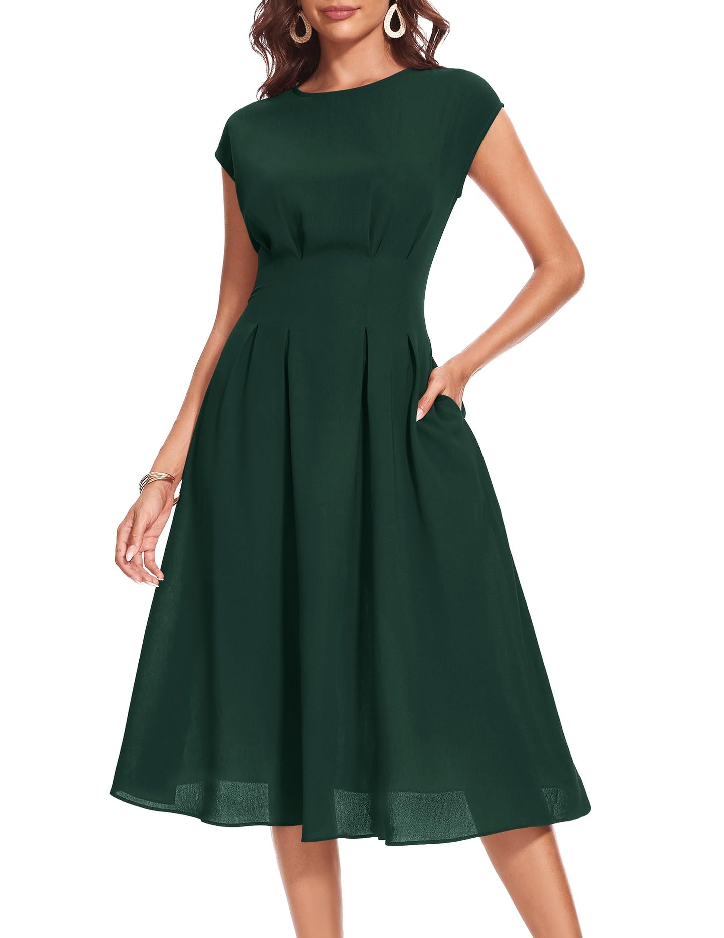 Wedtrend Cocktailkleid Damen Elegant Rockabilly Kleider Damen Midi Cap Sleeves Kleid Festlich Damen 50er Vintage A Linie Abendkleid mit Taschen