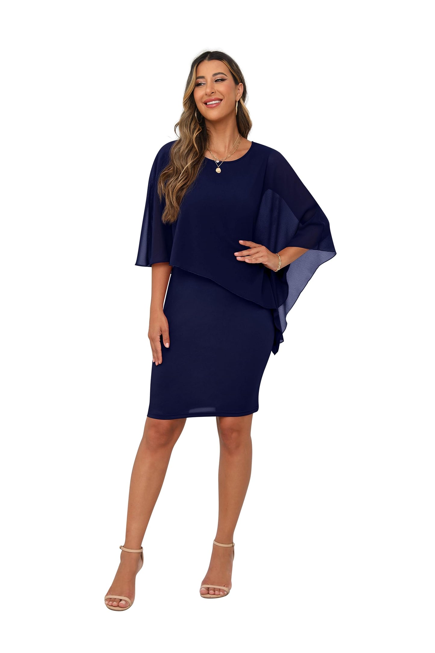 QIXING Damen Chiffon Cape Cocktialkleid Rundhals Ausschnitt Bleistiftkleid Sommerkleid Damen Knielang Elegant Abendkleid Mit Overlay Casual Bodycon Kleider