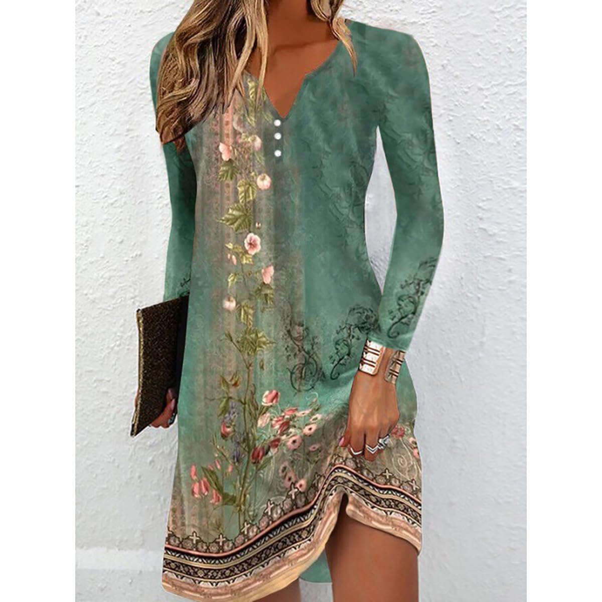 Yeenily Damen Bohemian Langarm Kleid V-Ausschnitt Blumenmuster Tunikakleider A Linien Lose Lässiges MiniKleid Freizeitkleid