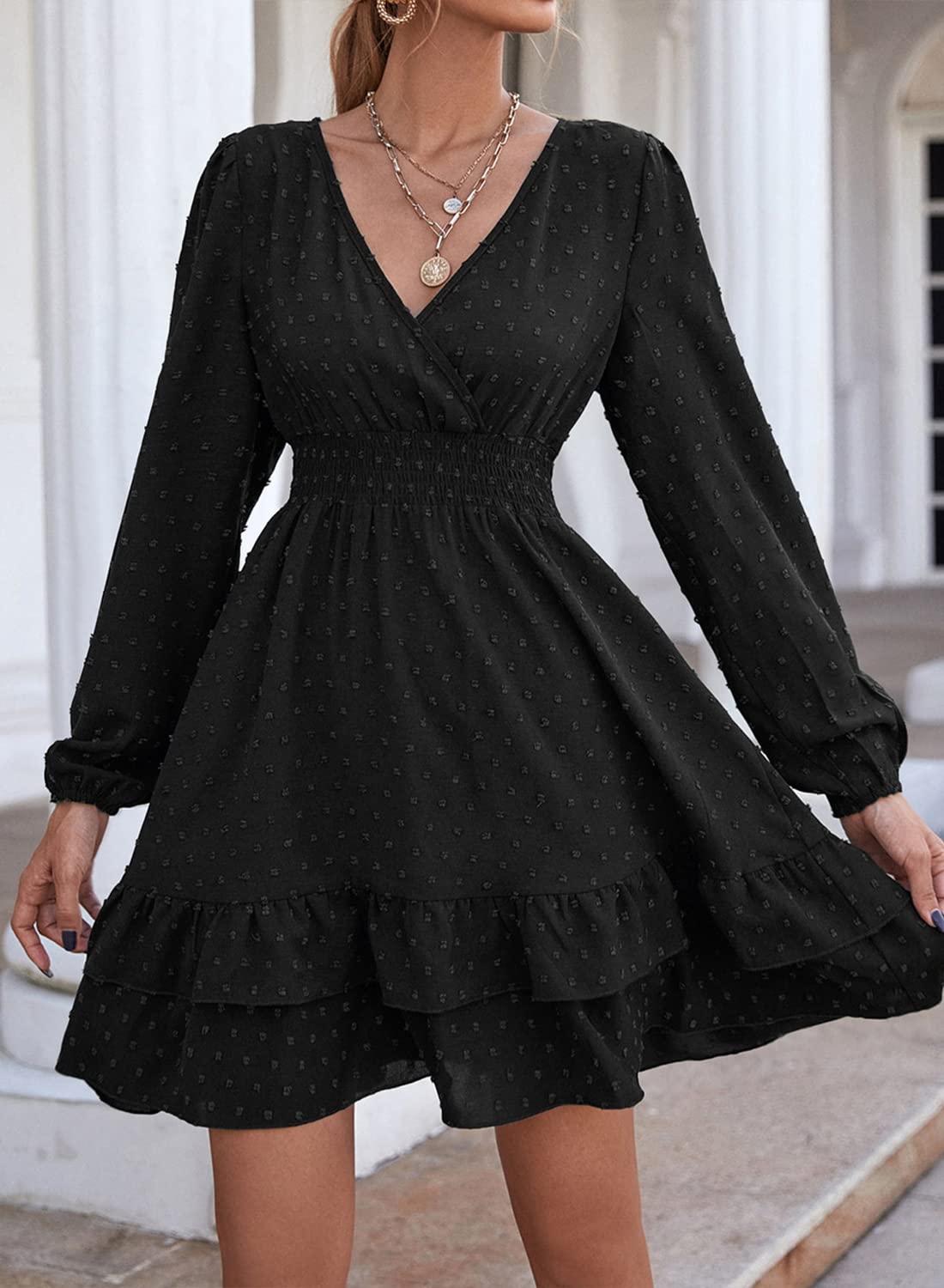 Vangreynve Damen Minikleid V-Ausschnitt A-Linie Kleider Elegant Hohe Taille Langarm Freizeitkleid