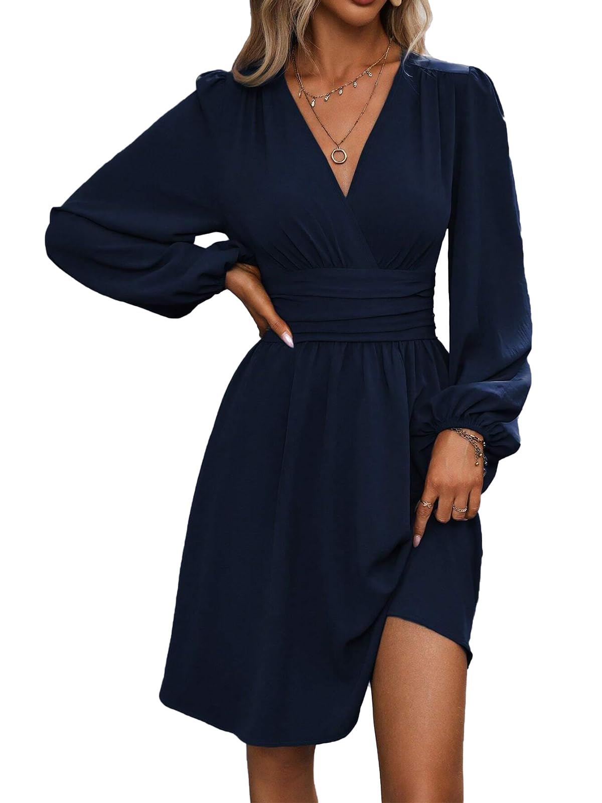 LIAMERHE Damen Elegant Kleid Langarm/Kurze Ärmel V-Ausschnitt Casual Kleider A-Linie Blumenmuster Minikleid Freizeitkleider Sommer Herbst Winter Laternenärmeln Kleid Partykleid