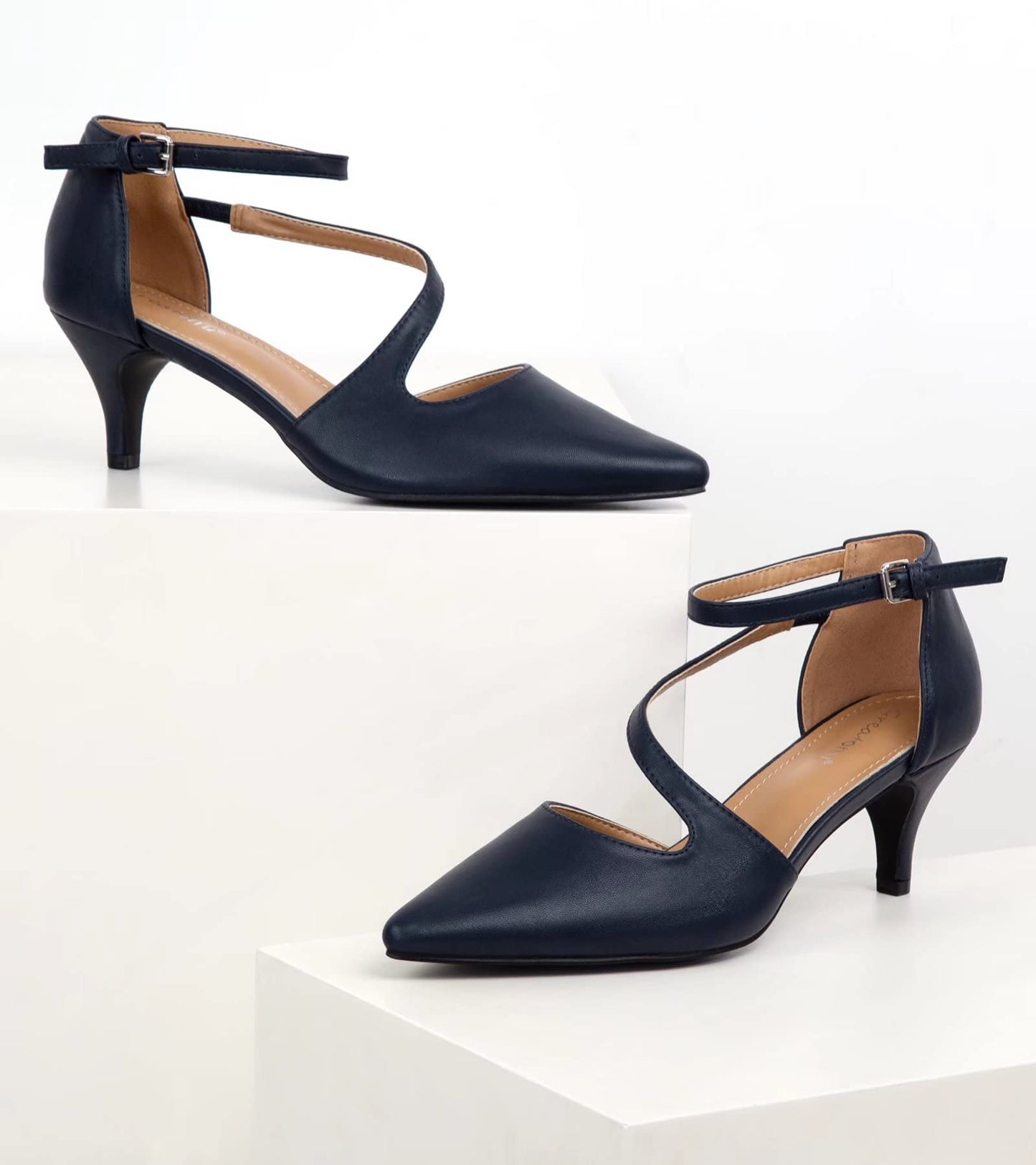 Greatonu Women's Pointed Toe Court Shoes with Ankle Strap and Kitten Heel