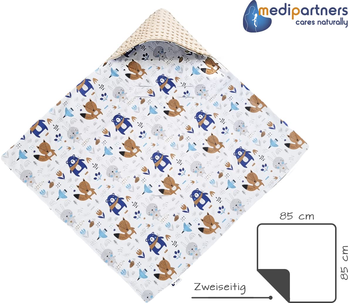 Medi Partners Einschlagdecke Baby Babyschale 100% Baumwolle für Sommer 85x85cm Kinderwagen Kuscheldecke universal Baby Decke Einschlagdecken Babydecke Buggy Autositz (weiße Sterne mit grauen Minky