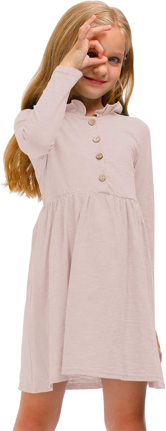 BesserBay Kinder Vintage Einfarbig Jerseykleid Long Sleeve mit Geknöpfte Elegant Schulkleid for Spring Rosa 140