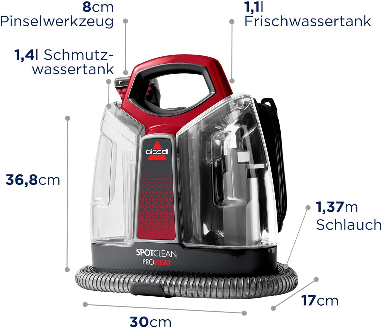 BISSELL SpotClean ProHeat, Polsterreiniger Gerät, Teppichreiniger mit HeatWave Technologie, Kompaktes Waschsauger, Nasssauger für Teppiche, Polster, Auto & Mehr, Leistungsstarker 330W Motor, 36988