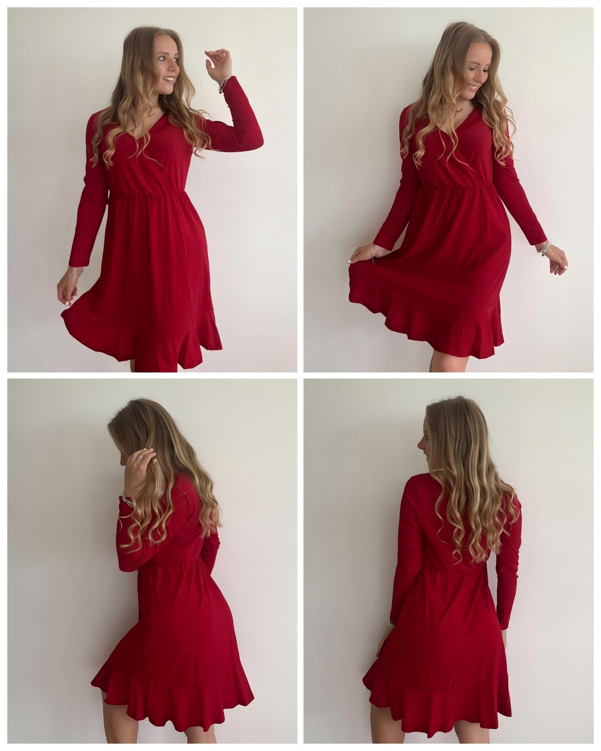 Zeagoo Kleid Damen Weihnachtskleid Elegant Winterkleid Festlich Paillettenkleid Langarm Partykleid V-Ausschnitt Rüschensaum Glitzerkleid Sparkly MidiKleid Cocktailkleid Ballkleid