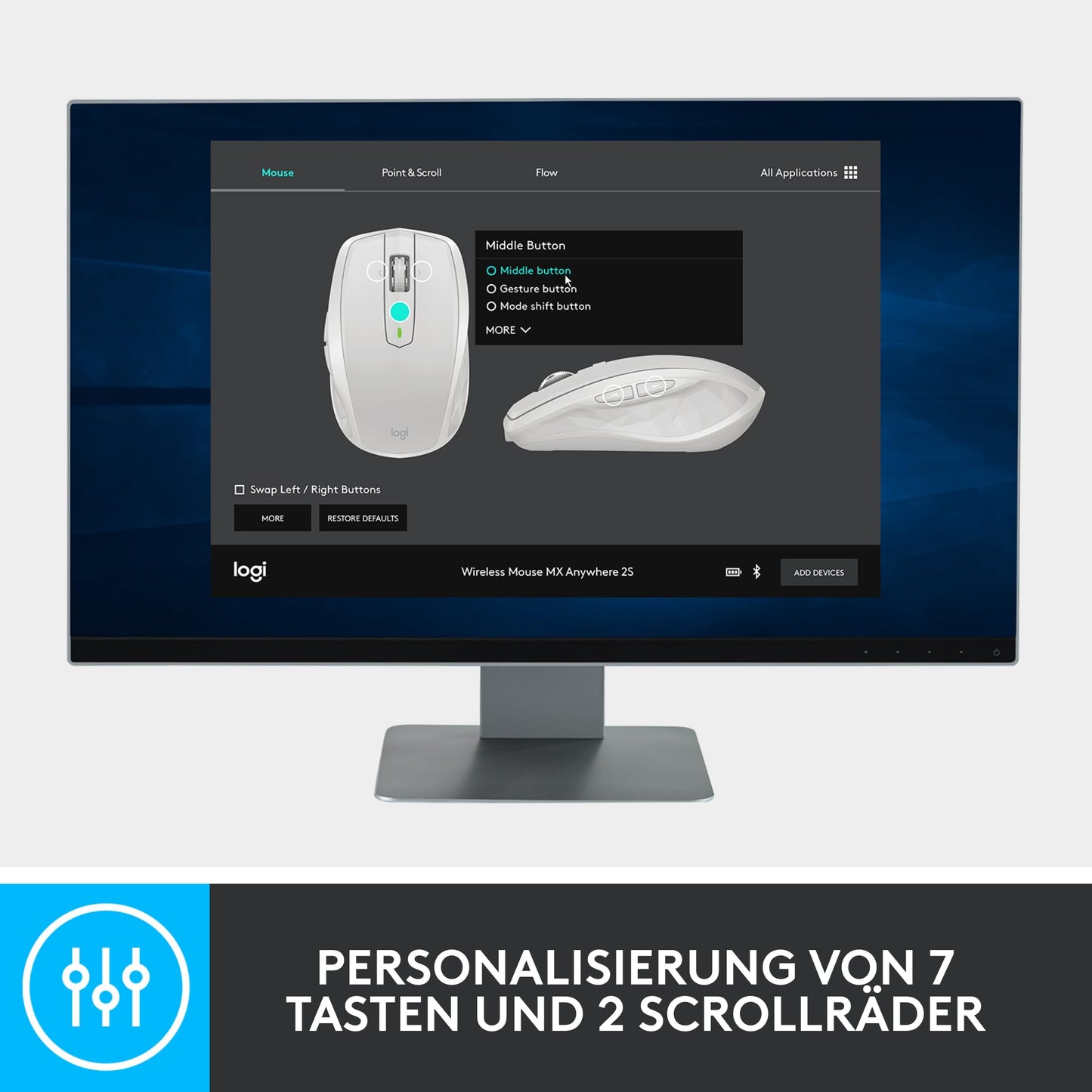 Logitech MX Anywhere 2S Bluetooth Edition kabellose Maus, mehrere Oberflächen, superschnelles Scrollen, aufladbar, mobil, Verbindung zu bis zu 3 Mac/PC-Computern - Graphit