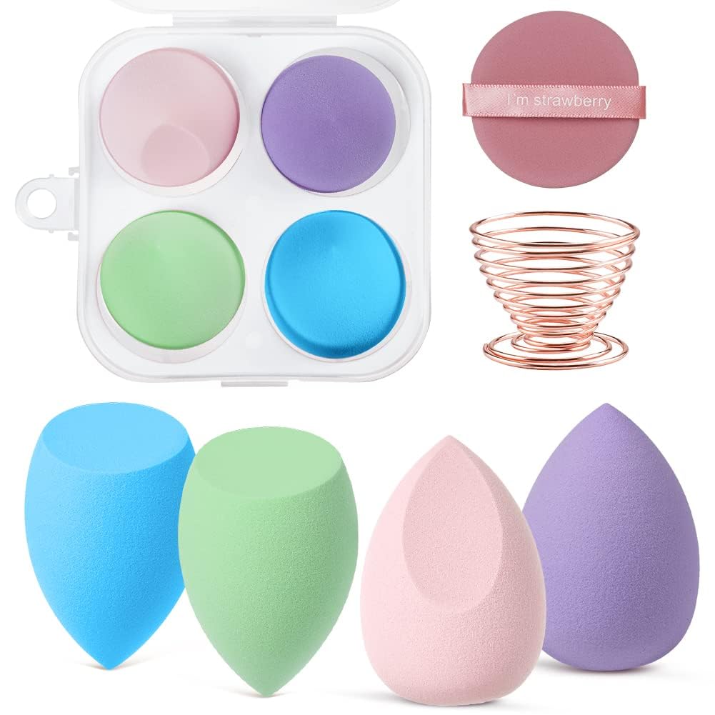 AUAUY 4 PCS Make up Schwamm Set, Foundation Blending Beauty Sponge, Beauty Makeup Schwämme Blender für Flüssigkeit Foundation Puder Sonnenschutz und Creme mit 1 Schwammhalter, 1 Puderquaste