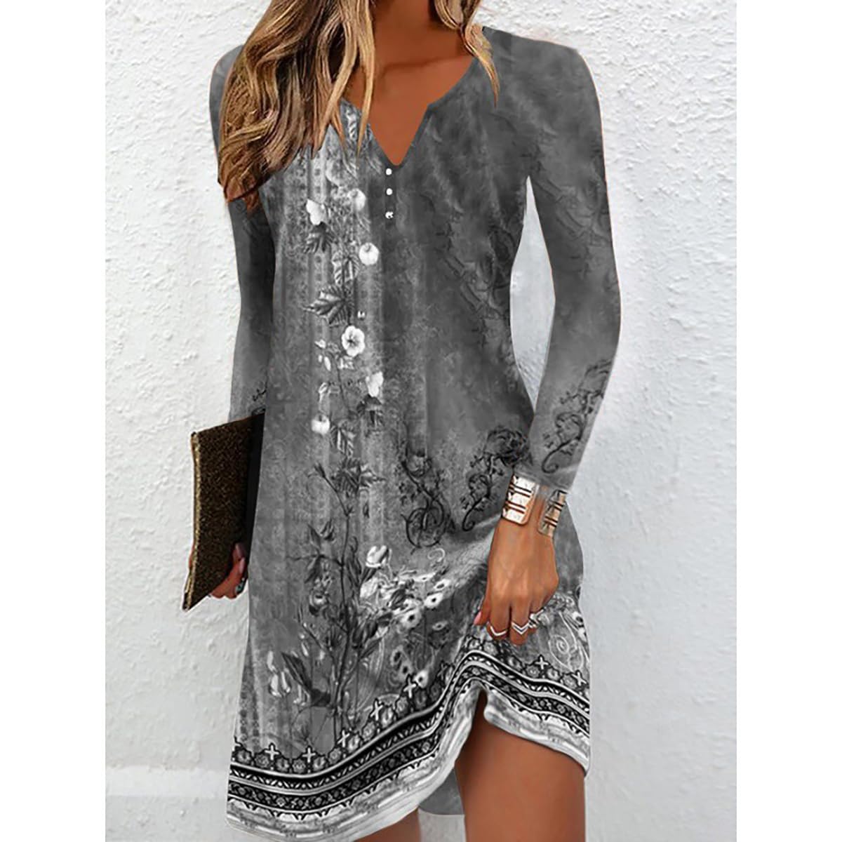 Yeenily Damen Bohemian Langarm Kleid V-Ausschnitt Blumenmuster Tunikakleider A Linien Lose Lässiges MiniKleid Freizeitkleid