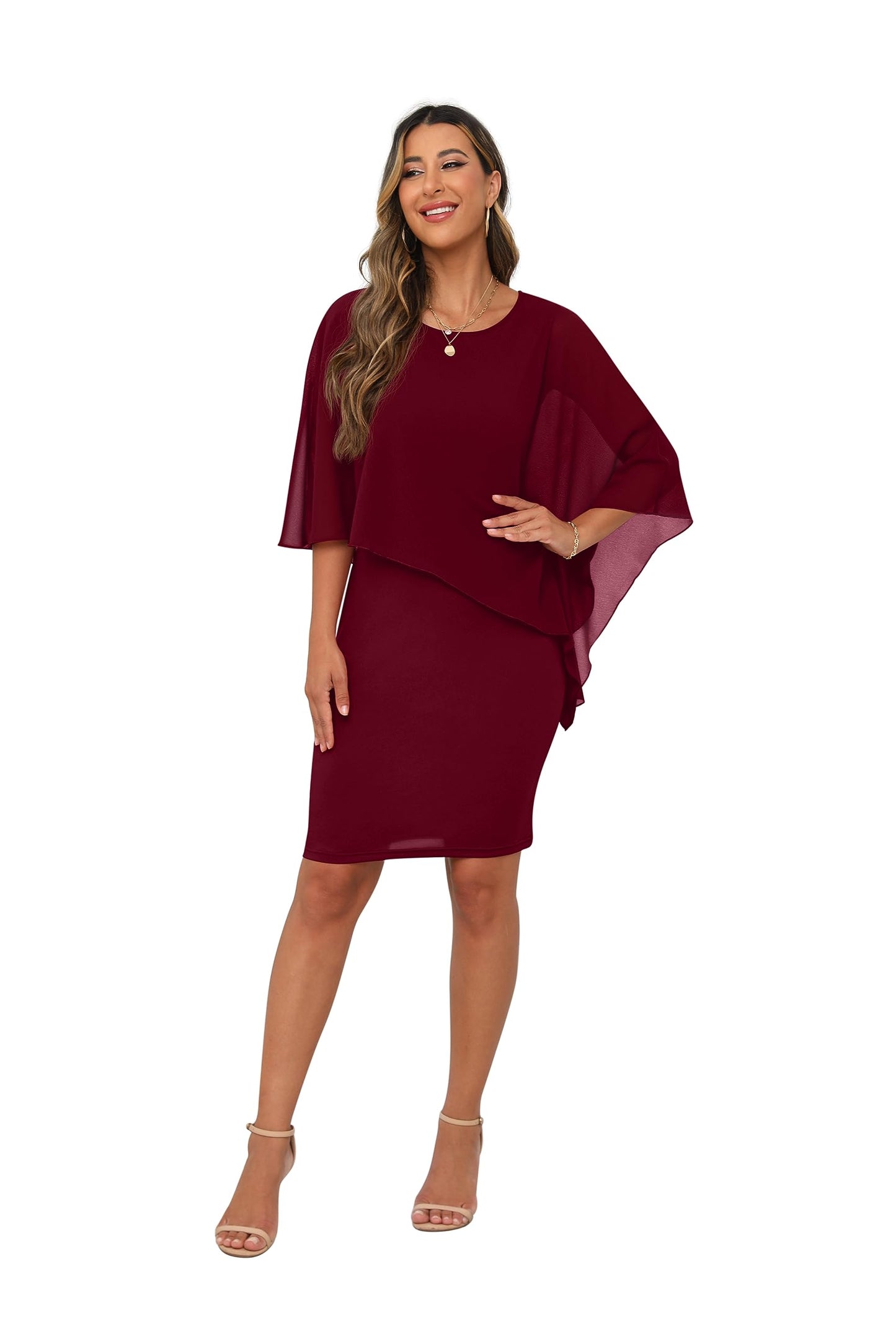 QIXING Damen Chiffon Cape Cocktialkleid Rundhals Ausschnitt Bleistiftkleid Sommerkleid Damen Knielang Elegant Abendkleid Mit Overlay Casual Bodycon Kleider