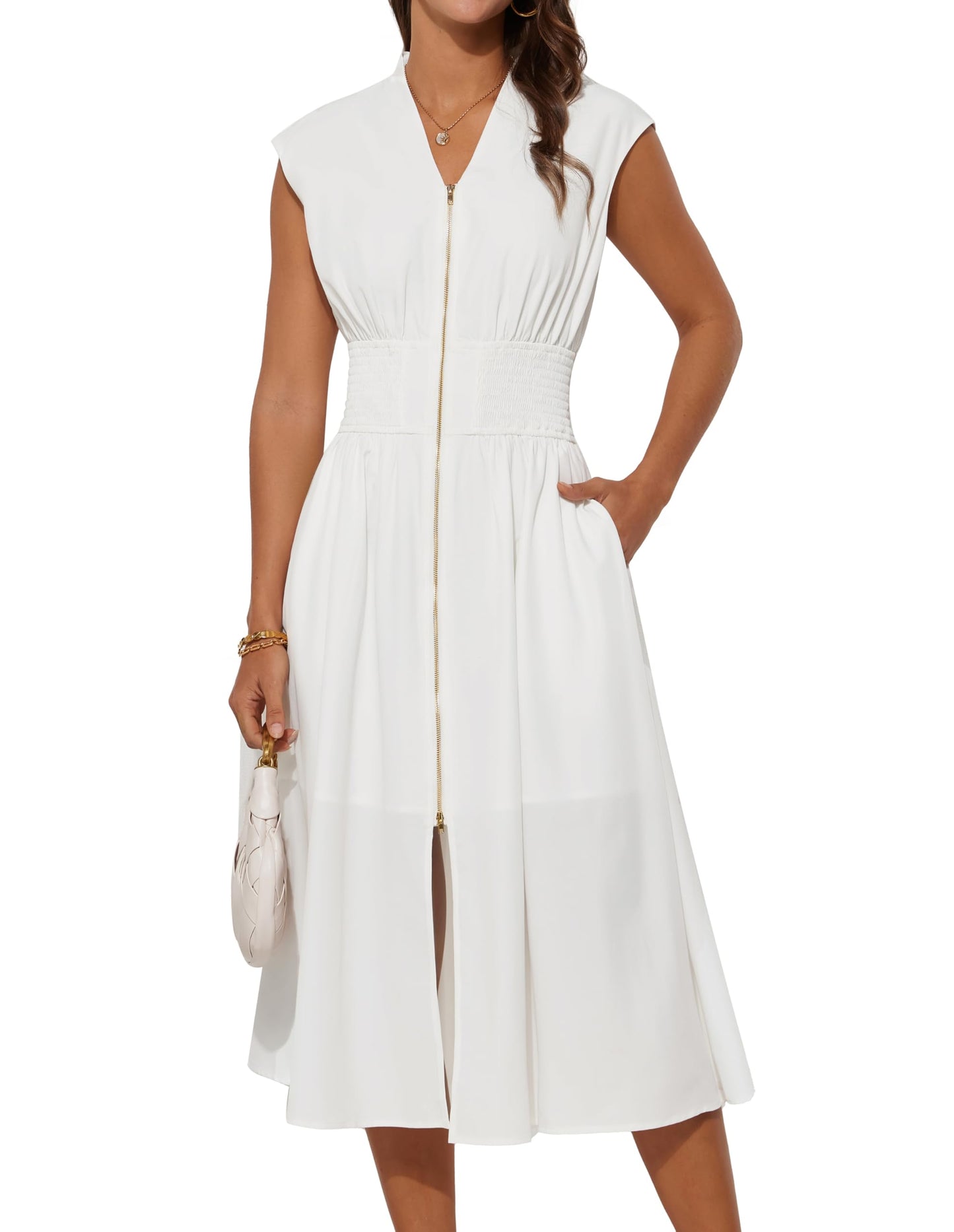GRACE KARIN Damenkleid mit Reißverschluss vorne V-Ausschnitt A-Linie Cocktail Midi Party Hochzeitskleid mit Tasche