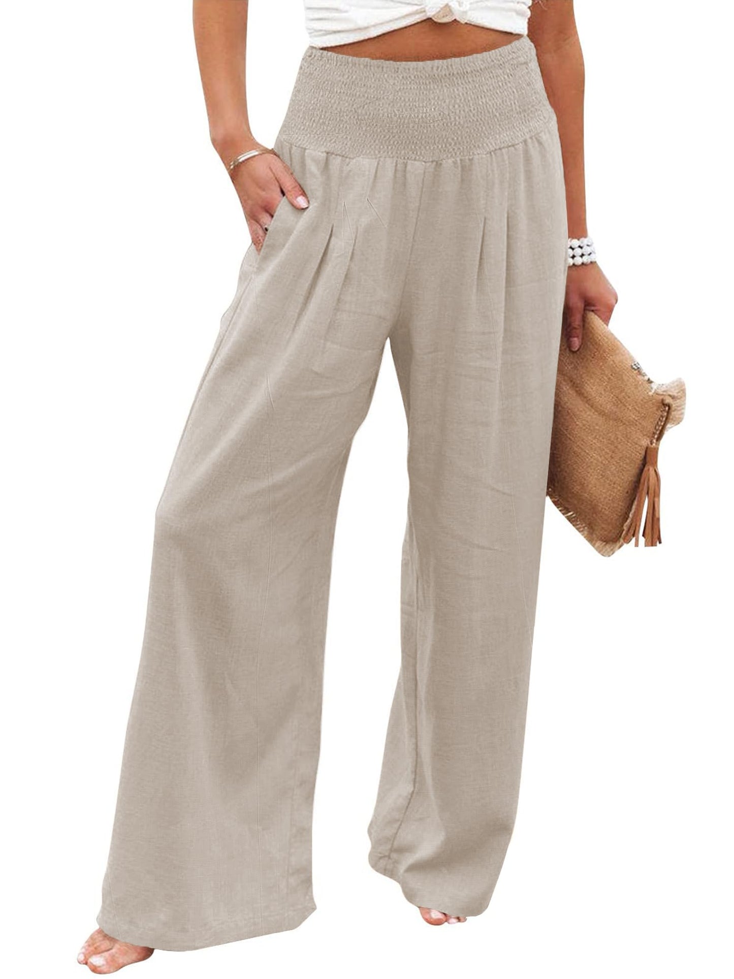 Imuedaen Leinenhose Damen Sommer Hose Casual Leinen Leicht Hosen Weites Bein Palazzo Freizeithose Hohe Taille Einfarbig Sommerhose Stoffhose mit Taschen