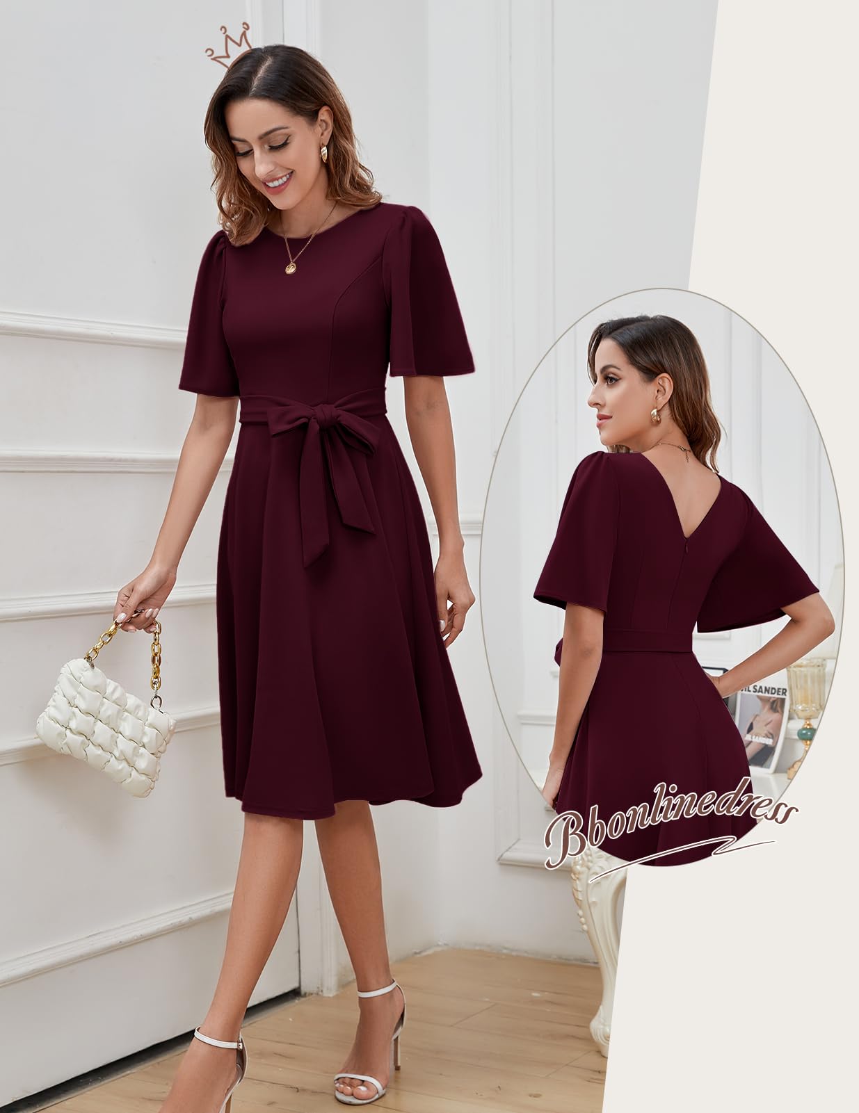 Bbonlinedress Cocktailkleid Damen Kurzarm midilang festlichs Kleid mit Gürtel Abendkleider elegant für Hochzeit Partykleider