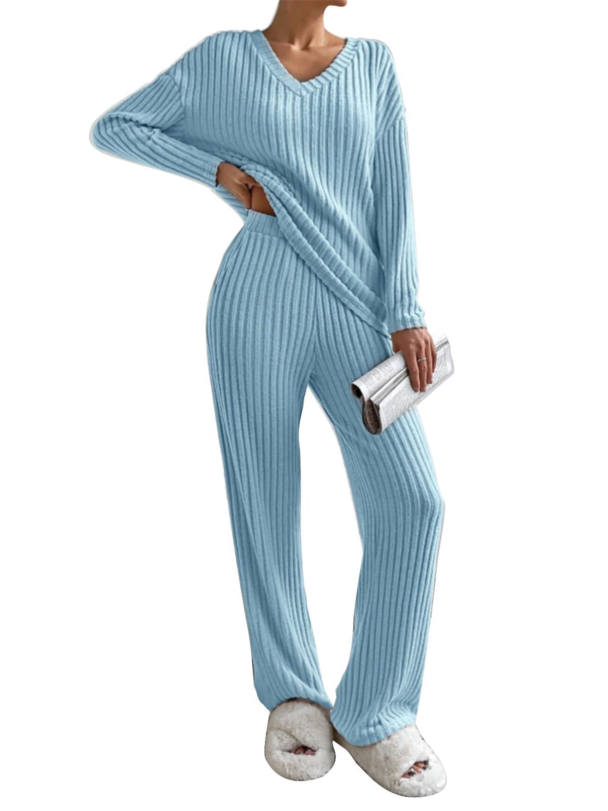 CheChury Zweiteiler Damen Lounge Set V-Ausschnitt Einfarbig Loungewear Gerippt Shirt Top Langärm mit Hose 2-Teiliges Hausanzug Jogginganzug Loungewear Nachtwäsche Hauskleidung Freizeit Outfit
