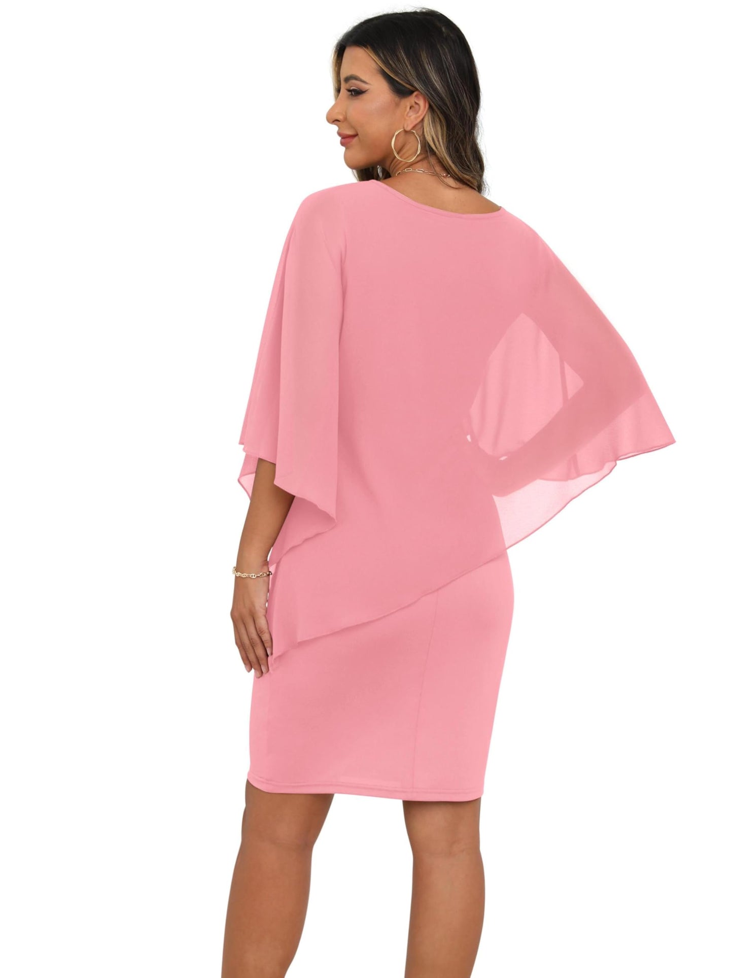 QIXING Damen Chiffon Cape Cocktialkleid Rundhals Ausschnitt Bleistiftkleid Sommerkleid Damen Knielang Elegant Abendkleid Mit Overlay Casual Bodycon Kleider