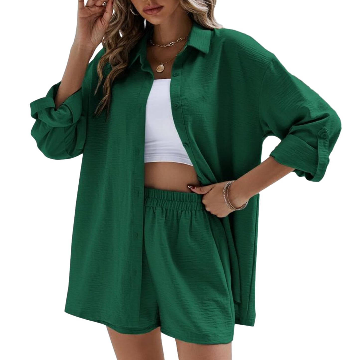 Geagodelia Damen Zweiteiler Elegant Hosenanzug Sommer Outfits Kleidung 2 Teiler Set Bluse Top + Shorts Y2k Aesthetic Clothes Loungewear Anzug
