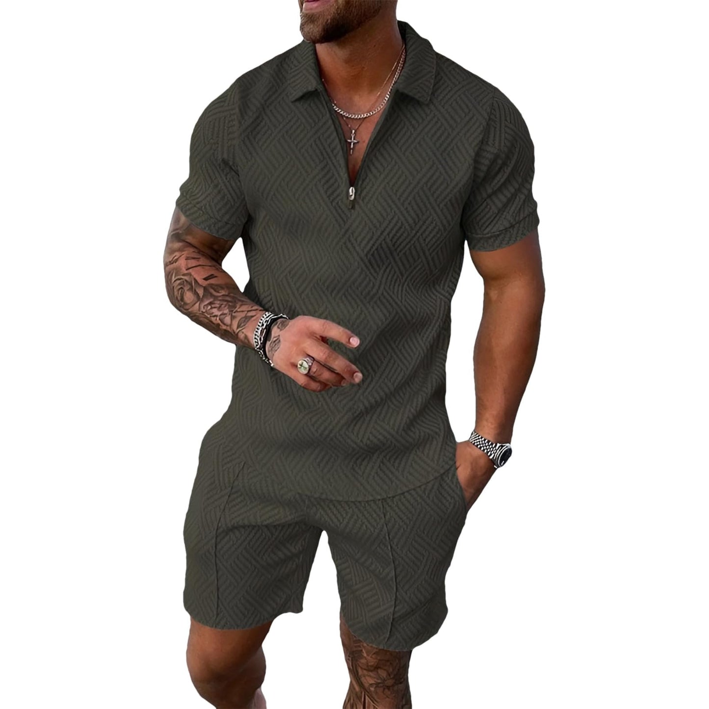 Herren Sportanzug Sommer Trainingsanzug Kurzarm Reißverschluss Top und Shorts Kleidung Set
