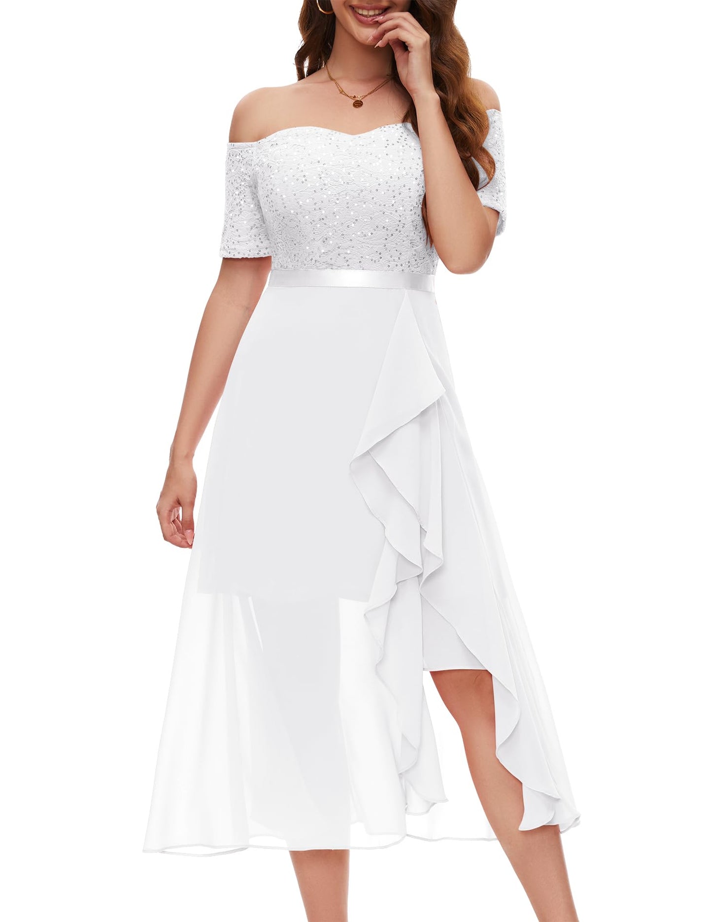Berylove Abendkleid Damen Lang Glitzer Kleid Cocktailkleid Elegant für Hochzeit Off Shoulder Kleid Ballkleid