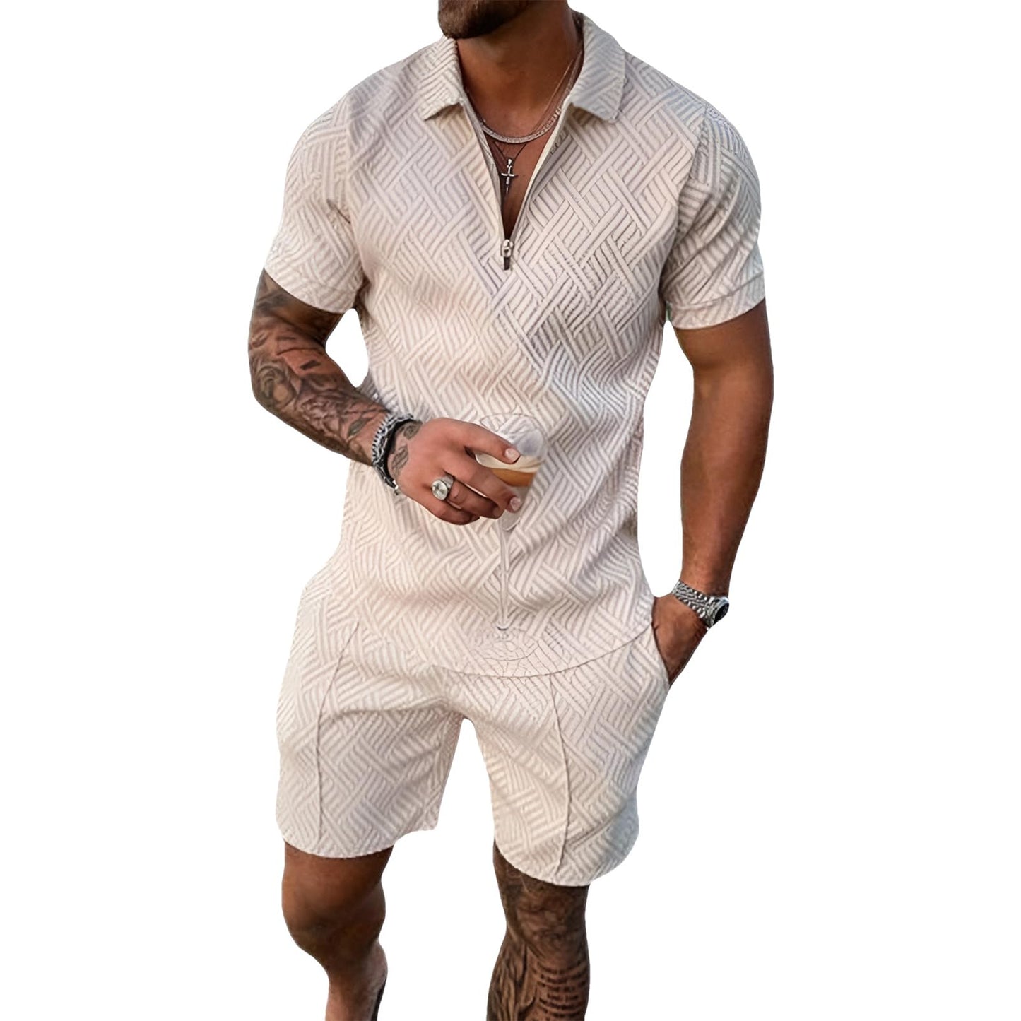 Herren Sportanzug Sommer Trainingsanzug Kurzarm Reißverschluss Top und Shorts Kleidung Set