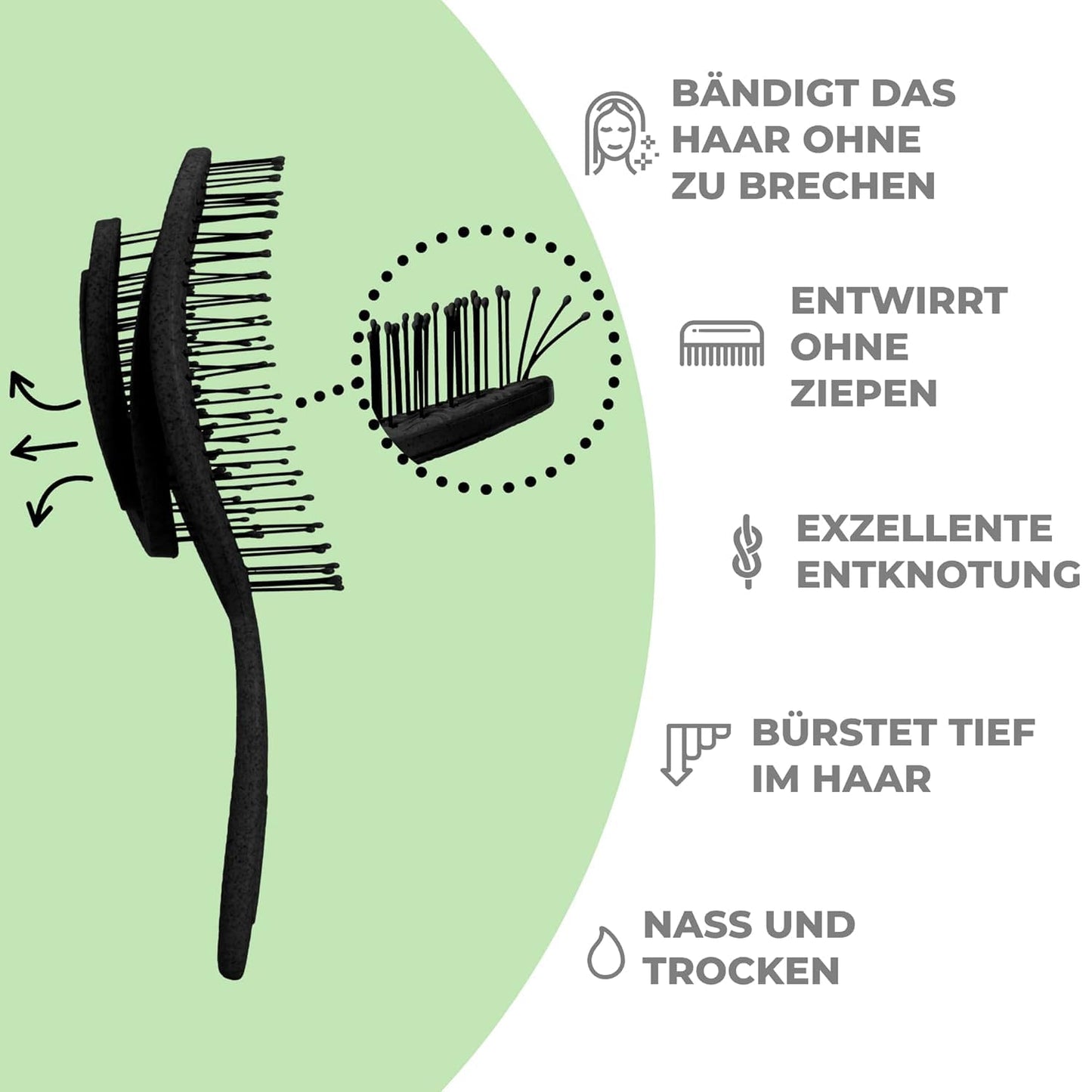 Ninabella Haarbürste ohne Ziepen für Damen, Herren & Kinder - Entwirrbürste auch für Locken & Lange Haare - Einzigartige Profi Detangler-Bürste mit Spiralfeder - Schwarz