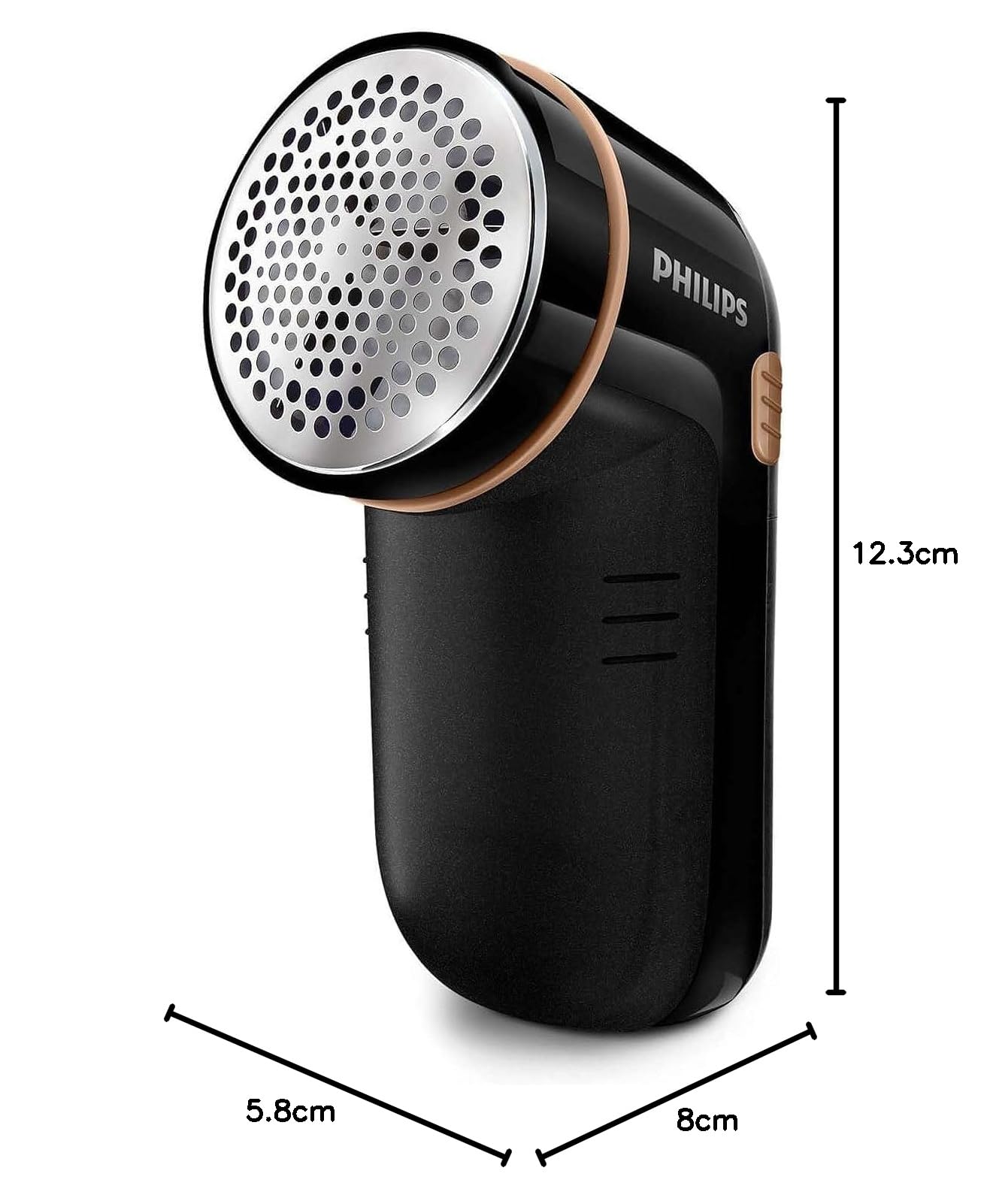 Philips Fusselentferner für alle Kleidungsstücke, entfernt kleine Knötchen, 2 Höheneinstellungen, batteriebetrieben (2 Philips AA-Batterien inkl.), 8 x 12.3 x 5.8 cm, schwarz-Gold (GC026/80)