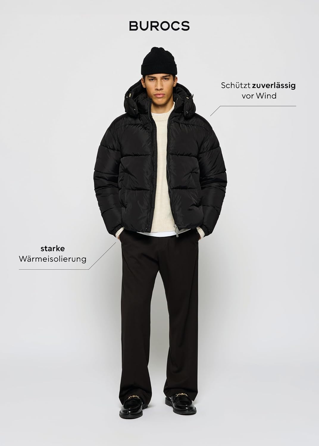 Burocs Hooded Puffer Jacket - Black Glossy - Oversized Herrenjacke - abnehmbare Kapuze - Reißverschluss - Innentasche