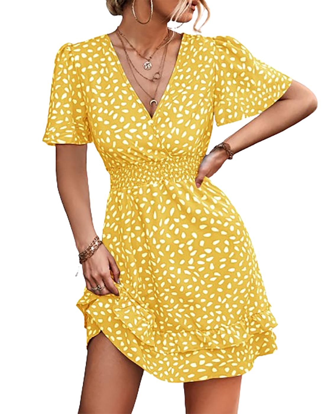 Vangreynve Damen Minikleid V-Ausschnitt A-Linie Kleider Elegant Hohe Taille Langarm Freizeitkleid