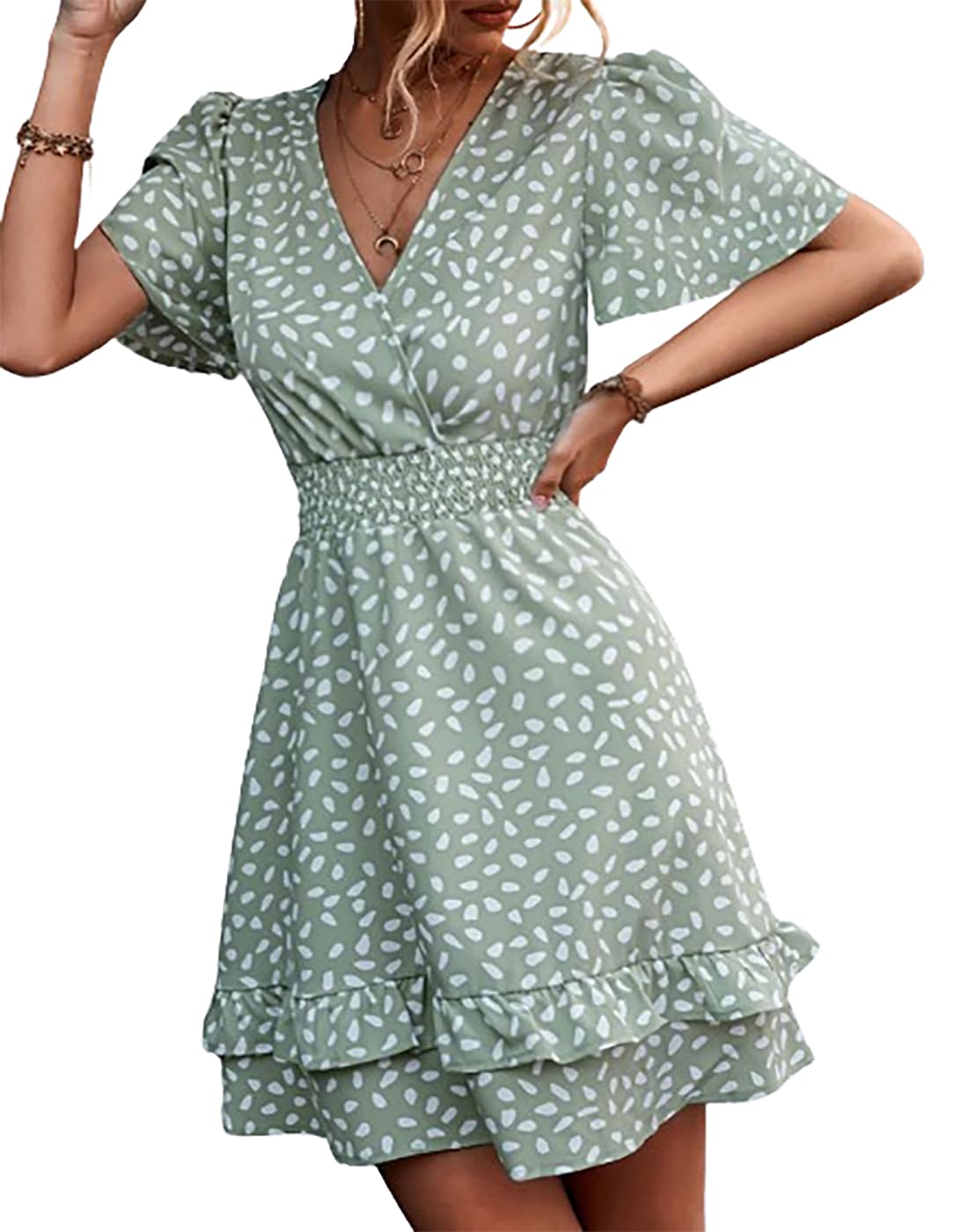 Vangreynve Damen Minikleid V-Ausschnitt A-Linie Kleider Elegant Hohe Taille Langarm Freizeitkleid