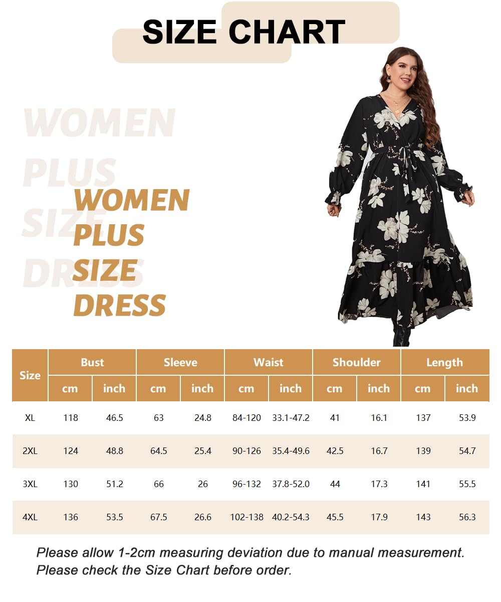 LIAMERHE Damen Übergröße Kleid Elegant V-Ausschnitt Große Größen Casual Lange Ärmel Kleider A Linie Herbstkleid Blumenmuster Mode Freizeitkleider Winter
