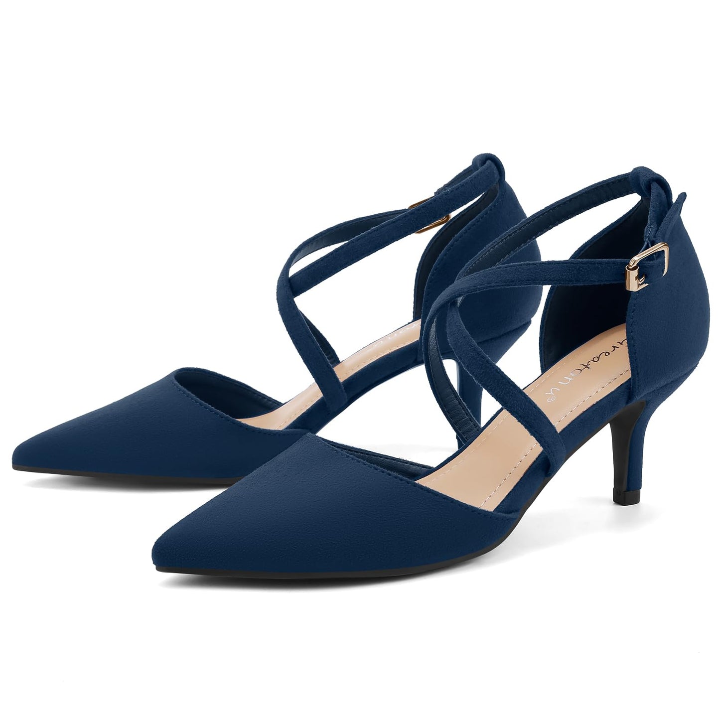 Greatonu Women's Pointed Toe Court Shoes with Ankle Strap and Kitten Heel