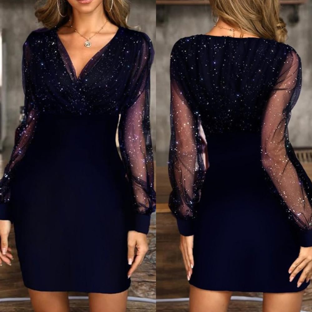 Mini Langarm Kleid Damen Elegante Pailletten Kleid Kurze Eng Spitzen Kleider Abendkleid Damen Figurbetontes Lange Ärmel Partykleid Moden Hohe Taille Wickelkleider